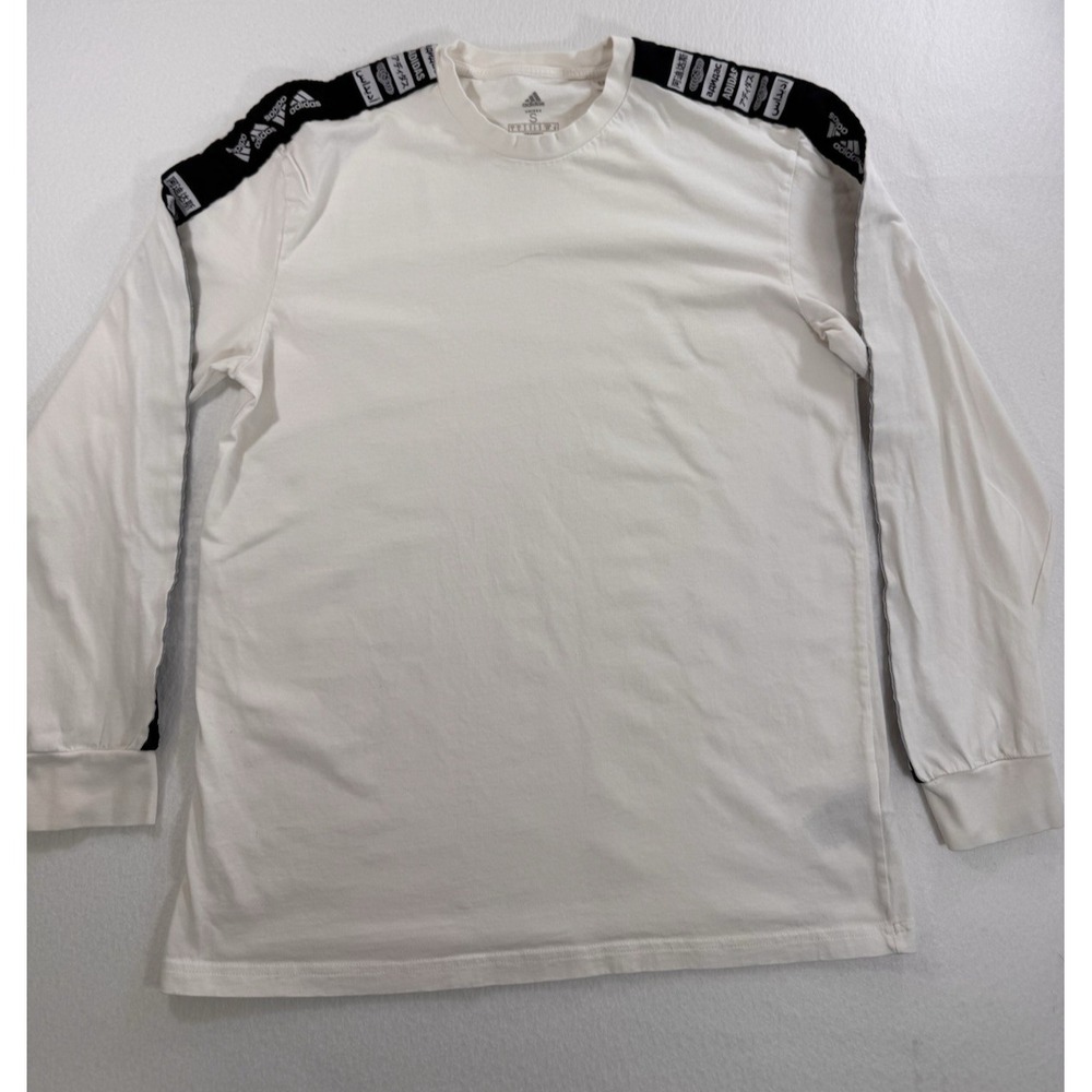 Adidas Long Sleeve White T Shirt Black Sleeve Strip Multilingual Print Unisex S